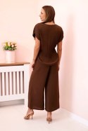Komplet z wiskozy bluzka plisowana + spodnie brązowy