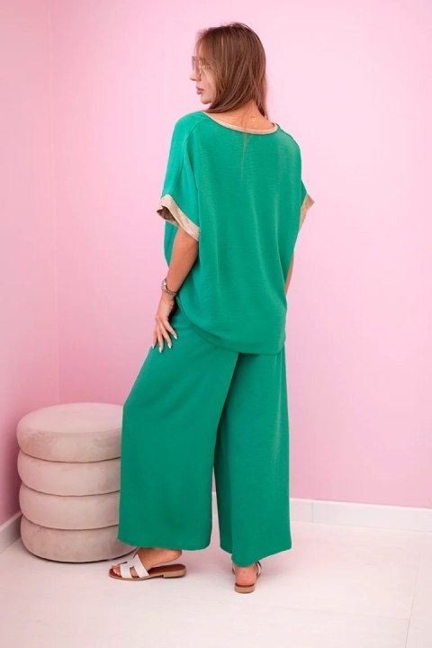 Komplet z wiskozy ze złotym obszyciem zielony