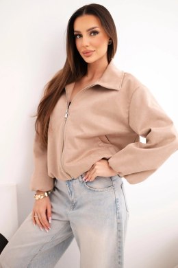 Kurtka damska z zamkiem i bufiastym rękawem camelowa