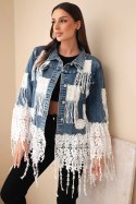 Kurtka jeansowa damska bawełniana z frędzlami i koronką w stylu boho ciemno jeansowa