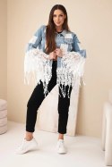 Kurtka jeansowa damska bawełniana z frędzlami i koronką w stylu boho jasno jeansowa