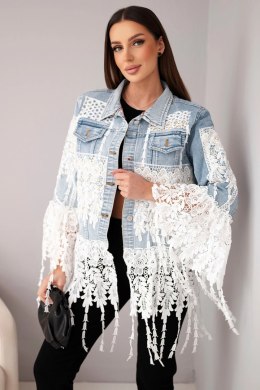 Kurtka jeansowa damska bawełniana z koronką i frędzlami jasno jeansowa