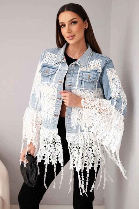 Kurtka jeansowa damska bawełniana z koronką i frędzlami jasno jeansowa