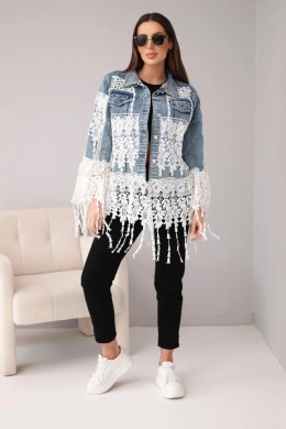 Kurtka jeansowa damska bawełniana z koronką i frędzlami  ciemno jeansowa