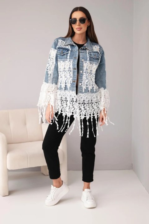 Kurtka jeansowa damska bawełniana z koronką i frędzlami  ciemno jeansowa
