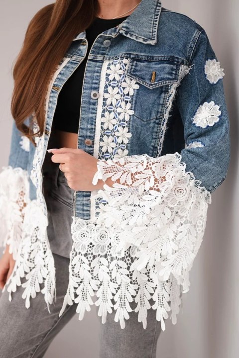 Kurtka jeansowa damska bawełniana z kwiatową koronką i frędzlami ciemno jeansowa