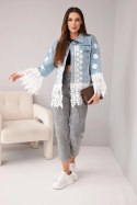 Kurtka jeansowa damska bawełniana z kwiatową koronką i frędzlami jasno jeansowa