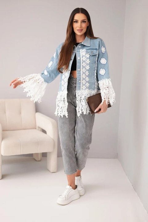 Kurtka jeansowa damska bawełniana z kwiatową koronką i frędzlami jasno jeansowa