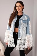 Kurtka jeansowa damska z bawełny i ażurową koronką jasno jeansowa