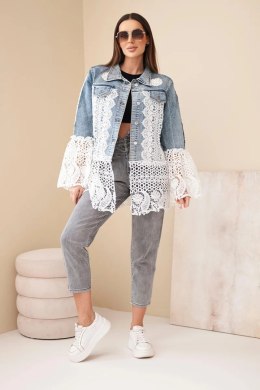 Kurtka jeansowa damska z bawełny i kwiatową koronką ciemno jeansowa