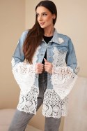 Kurtka jeansowa damska z bawełny i kwiatową koronką jasno jeansowa
