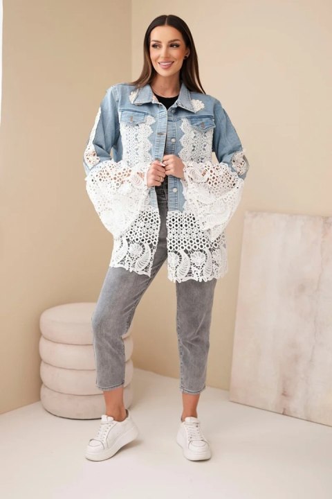 Kurtka jeansowa damska z bawełny i kwiatową koronką jasno jeansowa