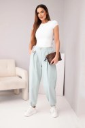 Spodnie damskie bawełniane z wysokim stanem i ozdobnym guzikiem ciemno miętowe