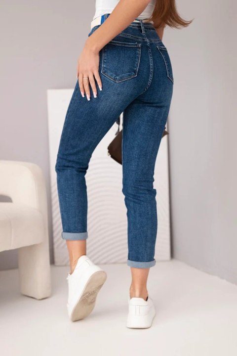 Spodnie damskie jeansowa Mom Fit z wysokim stanem i kontrastowym paskiem ciemno jeansowa