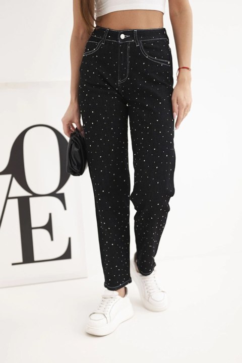 Spodnie damskie jeansowa z wysokim stanem i zdobieniami czarne