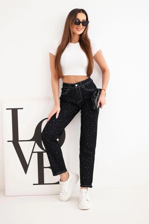 Spodnie damskie jeansowa z wysokim stanem i zdobieniami czarne
