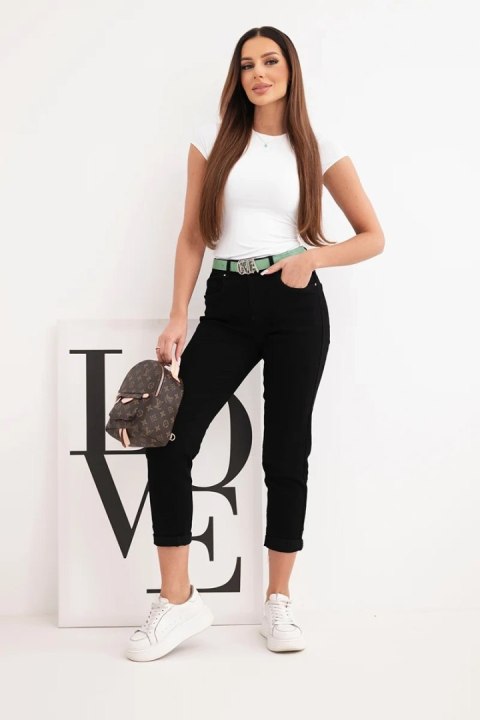 Spodnie damskie jeansowe Mom Fit z wysokim stanem i zielonym paskiem czarne