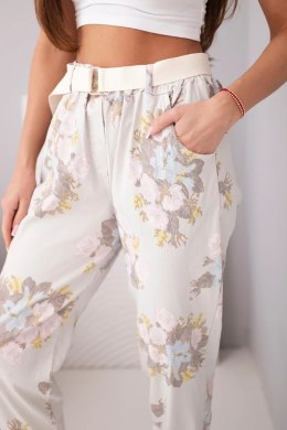 Spodnie damskie wiskozowe w kwiaty z paskiem beżowe
