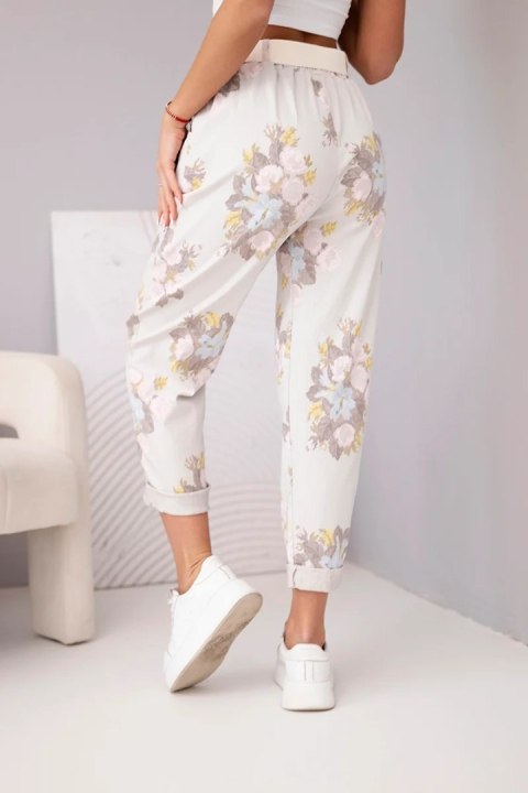Spodnie damskie wiskozowe w kwiaty z paskiem beżowe