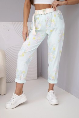 Spodnie damskie wiskozowe w kwiaty z paskiem miętowe