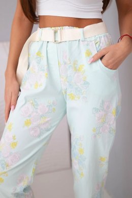 Spodnie damskie wiskozowe w kwiaty z paskiem miętowe