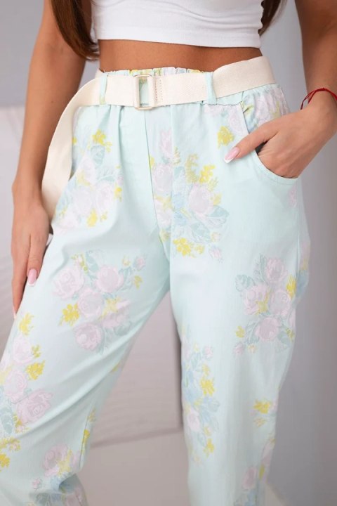 Spodnie damskie wiskozowe w kwiaty z paskiem miętowe