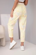 Spodnie damskie wiskozowe w kwiaty z paskiem żółte