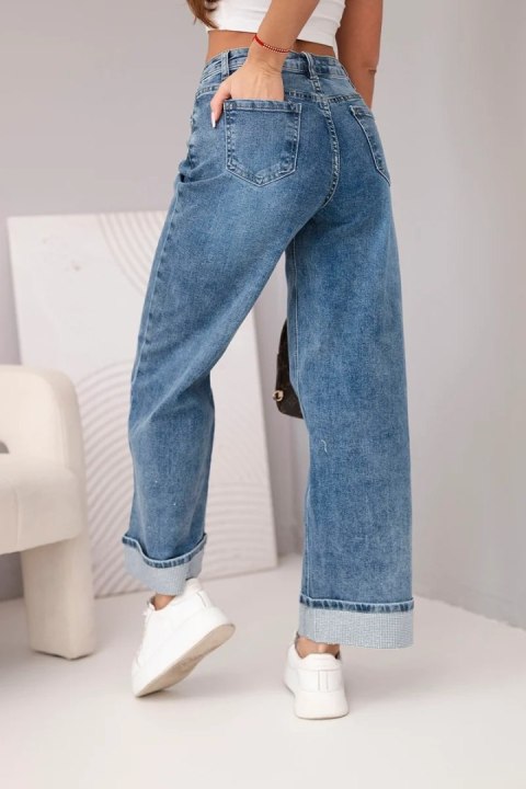Spodnie damskie z szeroką nogawką i zdobionym dołem jeansowe