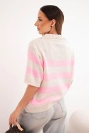 Sweter damski w paski z kołnierzem i krótkim rękawem beżowy