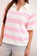 Sweter damski w paski z kołnierzem i krótkim rękawem ecru