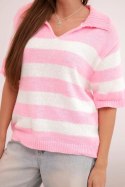 Sweter damski w paski z kołnierzem i krótkim rękawem jasno różowy