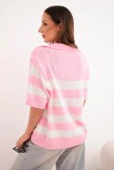 Sweter damski w paski z kołnierzem i krótkim rękawem jasno różowy