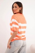 Sweter damski w paski z kołnierzem i krótkim rękawem pomarańczowy