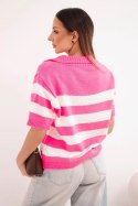 Sweter damski w paski z kołnierzem i krótkim rękawem różowy neon