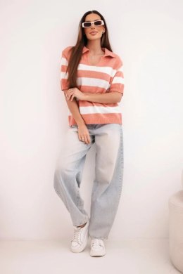 Sweter damski w paski z kołnierzem i krótkim rękawem rudy