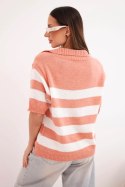 Sweter damski w paski z kołnierzem i krótkim rękawem rudy