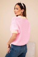 Sweter damski z krótkim rękawem i kontrastowym ściągaczem jasno różowy