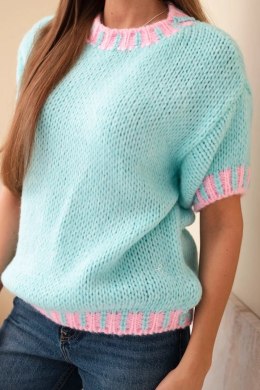 Sweter damski z krótkim rękawem i kontrastowym ściągaczem miętowy