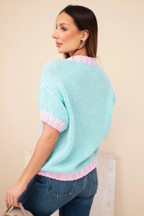 Sweter damski z krótkim rękawem i kontrastowym ściągaczem miętowy