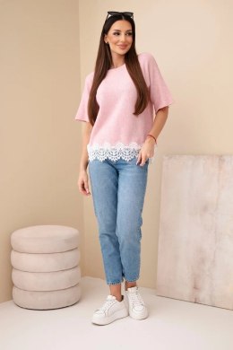 Sweter damski z krótkim rękawem i koronką ciemny pudrowy róż