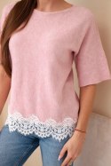 Sweter damski z krótkim rękawem i koronką ciemny pudrowy róż