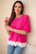 Sweter damski z krótkim rękawem i koronką fuksja