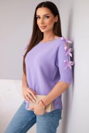 Sweter damski z krótkim rękawem i ozdobnymi kokardkami fioletowy