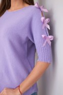 Sweter damski z krótkim rękawem i ozdobnymi kokardkami fioletowy