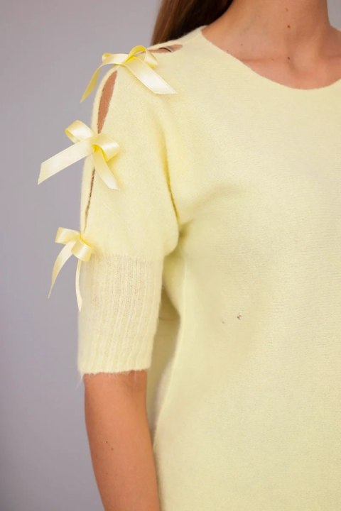 Sweter damski z krótkim rękawem i ozdobnymi kokardkami żółty