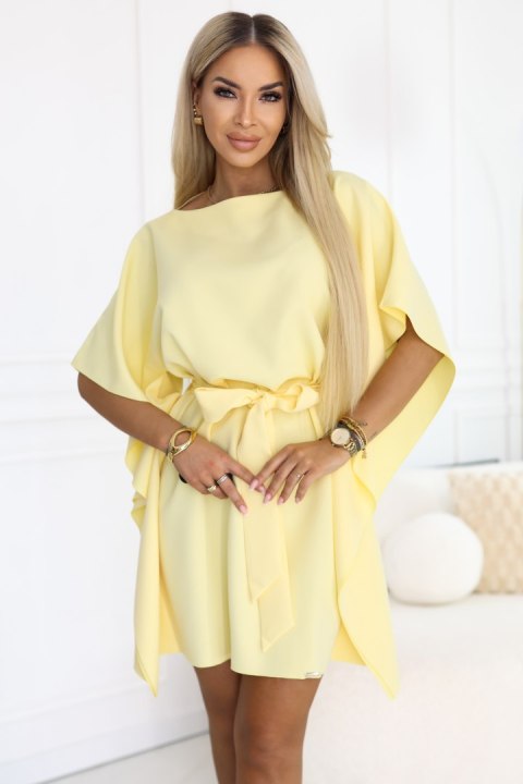 287-41 SOFIA Sukienka motyl z wiązaniem w pasie - pastelowy cytrynowy