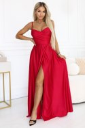 646-3 Długa sukienka wieczorowa na ramiączkach z rozcięciem na nodze - czerwona