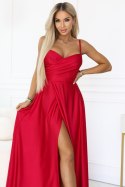 646-3 Długa sukienka wieczorowa na ramiączkach z rozcięciem na nodze - czerwona