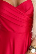 646-3 Długa sukienka wieczorowa na ramiączkach z rozcięciem na nodze - czerwona