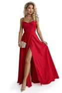 646-3 Długa sukienka wieczorowa na ramiączkach z rozcięciem na nodze - czerwona